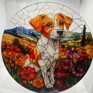 Suncatcher Acrylic Jack Russel Terrier Dog Floral Gift 7.5”